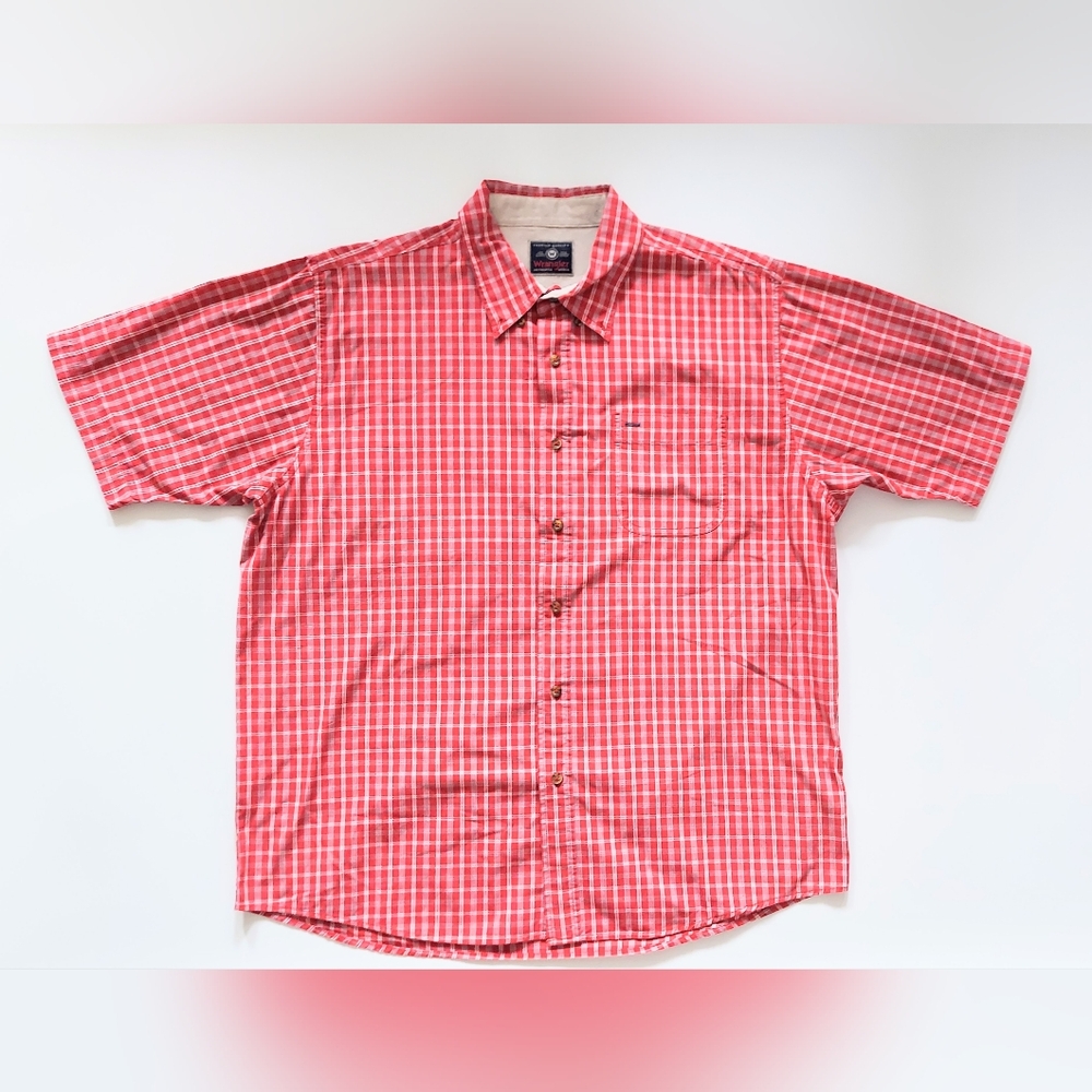 Wrangler Short Sleeve Button Down 100%  Cotton Red Plaid Shirt Mens Size XL